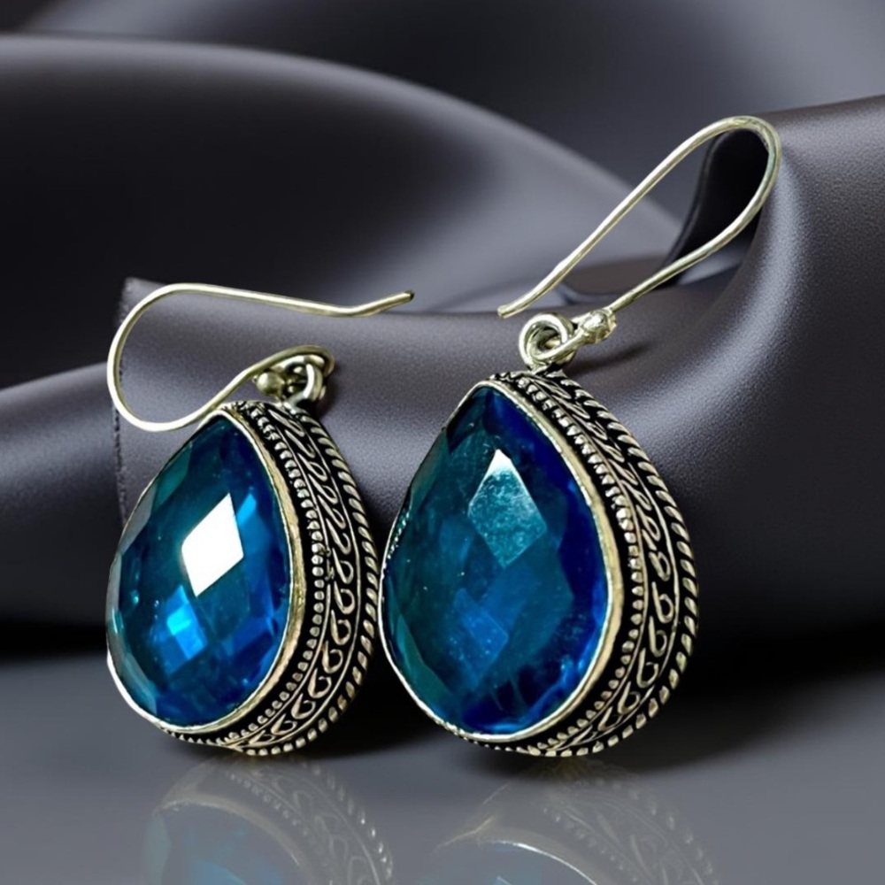 Sterling silver earrings Blue / Teal 925 earrings facets cut Beautiful - Picture 4 of 13